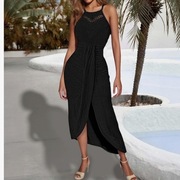 Black Embroidery Ruched Cocktail Long Dress - Picture 2 of 3